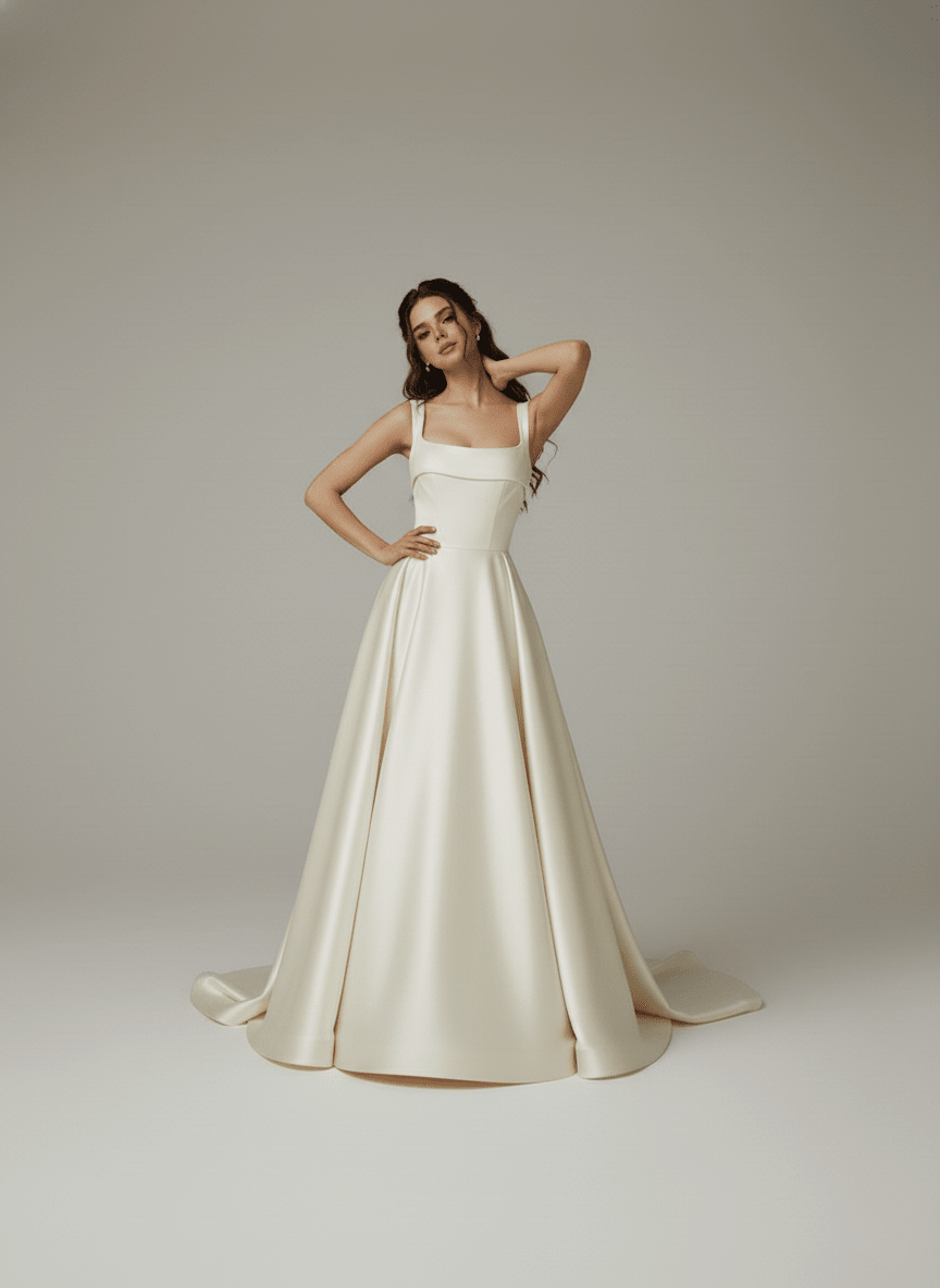 Minimalist Satin A - Line Wedding Dress Square Neck Bridal Gown Simple Elegant Dress - Wedding Dress - SilqueBridal