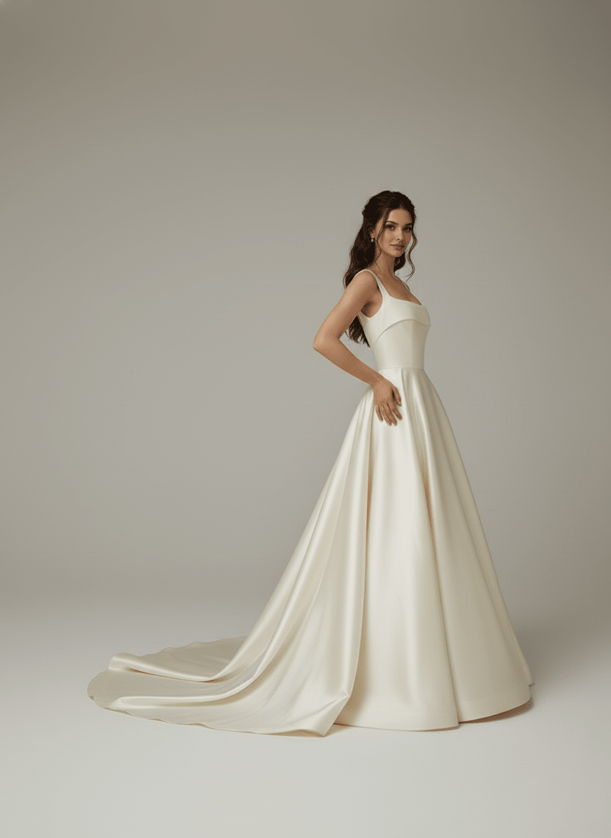 Minimalist Satin A - Line Wedding Dress Square Neck Bridal Gown Simple Elegant Dress - Wedding Dress - SilqueBridal