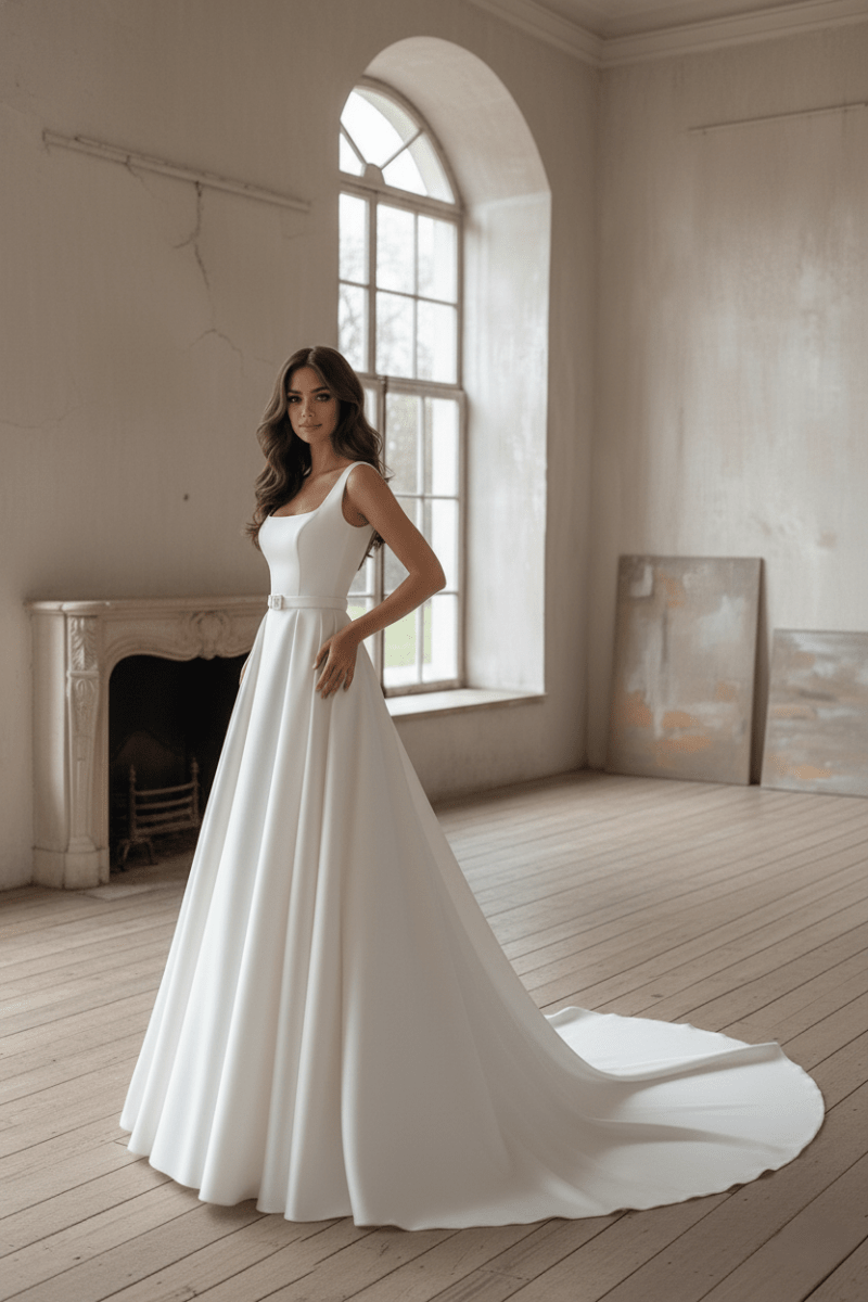 Minimalist Satin A - Line Wedding Dress Square Neck Bridal Gown with Belt - Wedding Dress - SilqueBridal