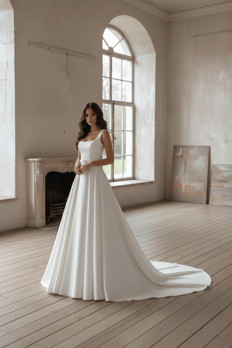 Minimalist Satin A - Line Wedding Dress Square Neck Bridal Gown with Belt - Wedding Dress - SilqueBridal