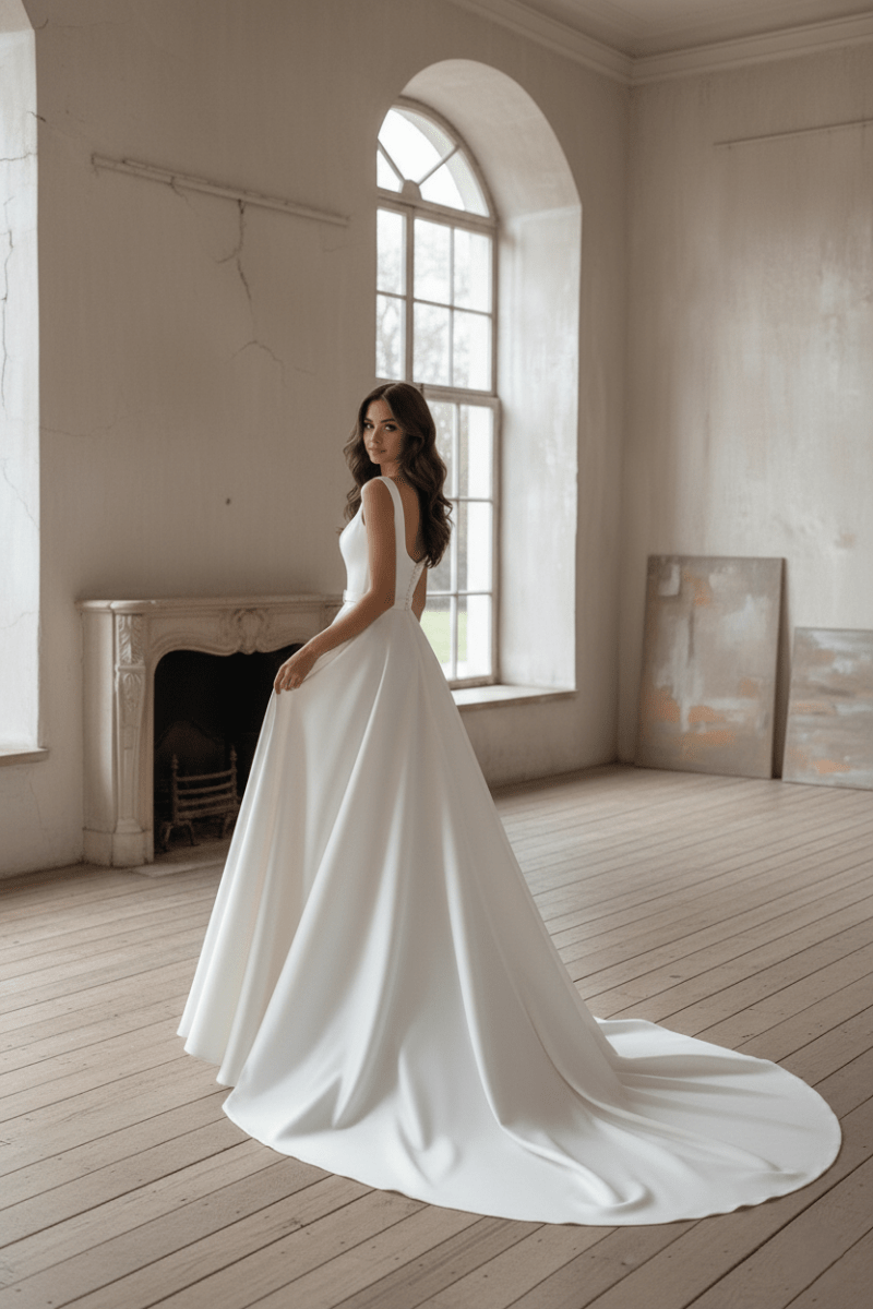 Minimalist Satin A - Line Wedding Dress Square Neck Bridal Gown with Belt - Wedding Dress - SilqueBridal