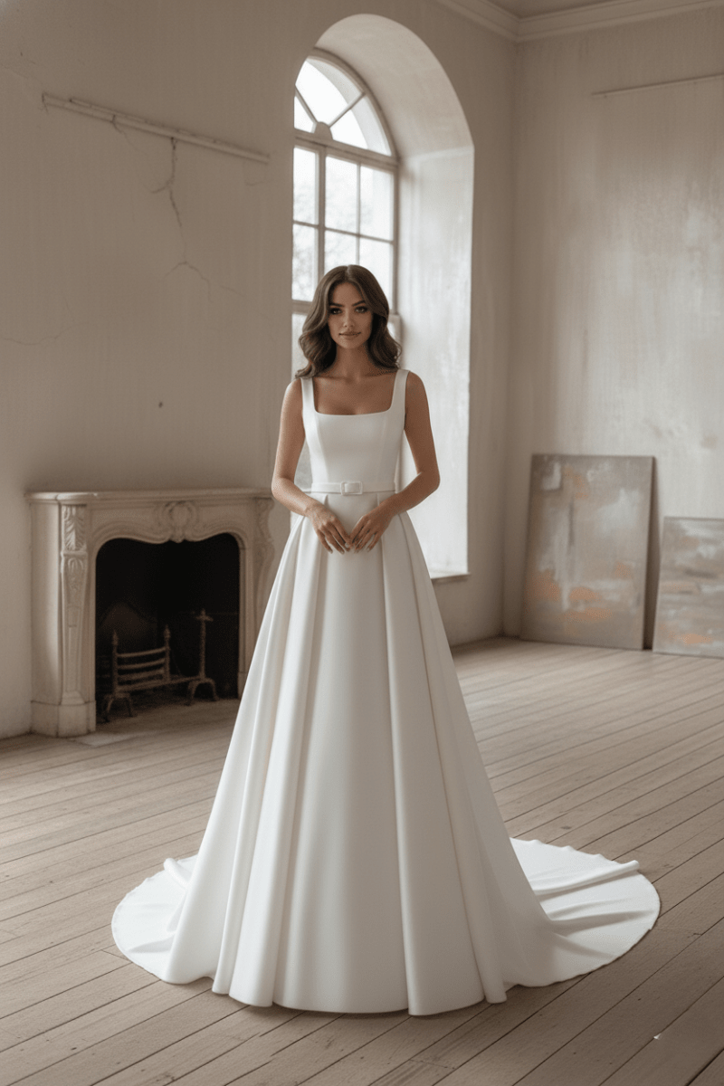 Minimalist Satin A - Line Wedding Dress Square Neck Bridal Gown with Belt - Wedding Dress - SilqueBridal