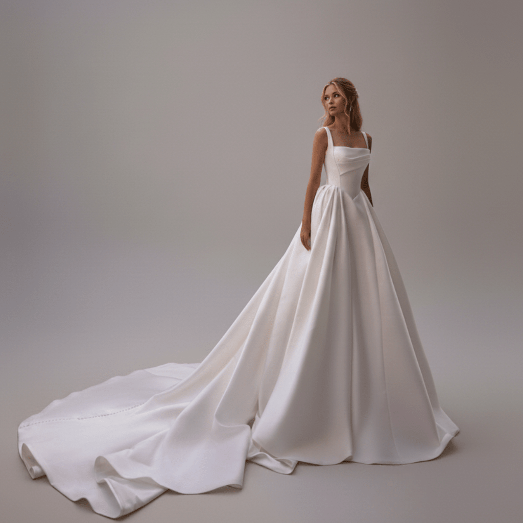 Minimalist Satin Ball Gown Wedding Dress with Square Neckline & Chapel Train | Silque Bridal - Wedding Dress - SilqueBridal