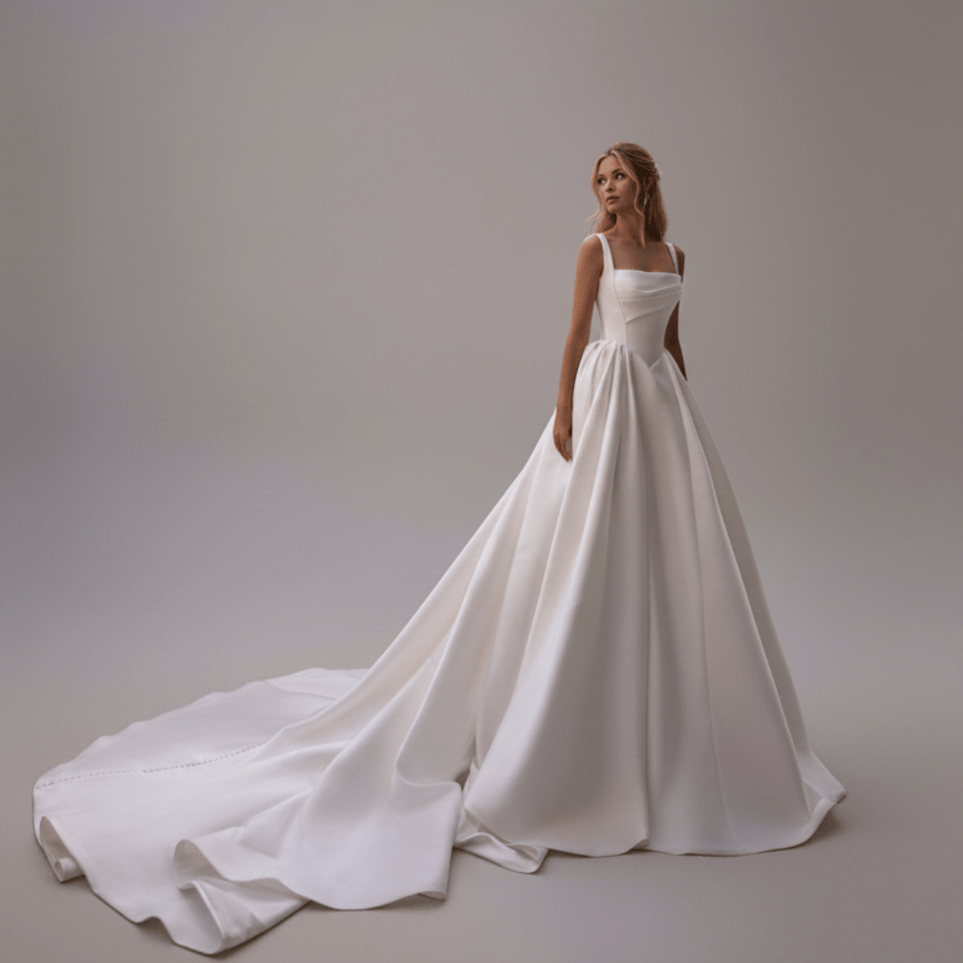 Minimalist Satin Ball Gown Wedding Dress with Square Neckline & Chapel Train | Silque Bridal - Wedding Dress - SilqueBridal