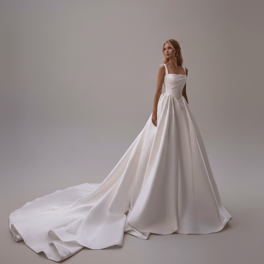 Minimalist Satin Ball Gown Wedding Dress with Square Neckline & Chapel Train | Silque Bridal - Wedding Dress - SilqueBridal