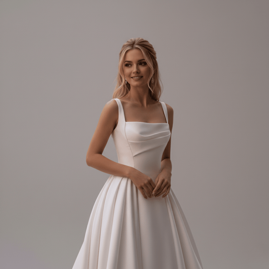 Minimalist Satin Ball Gown Wedding Dress with Square Neckline & Chapel Train | Silque Bridal - Wedding Dress - SilqueBridal