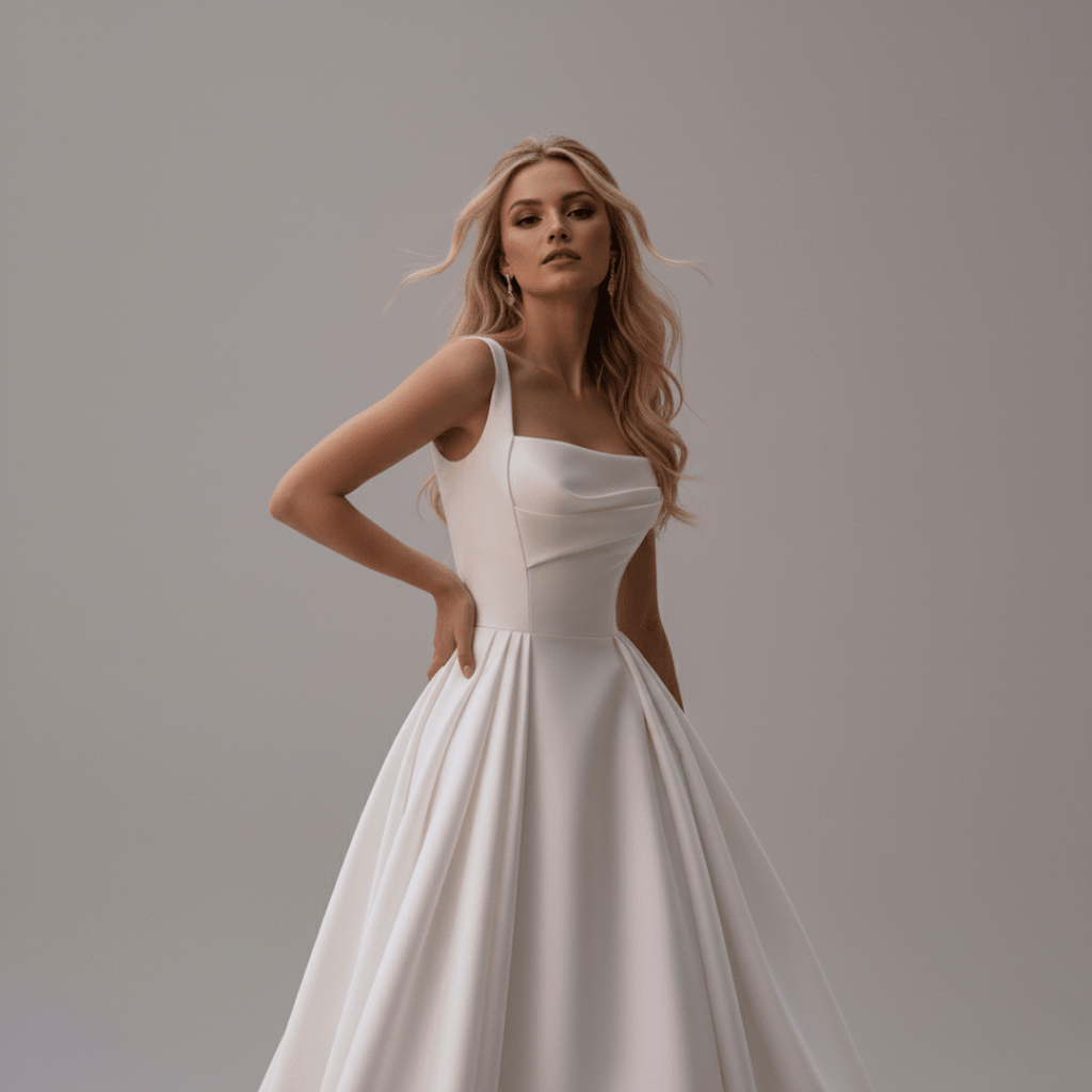 Minimalist Satin Ball Gown Wedding Dress with Square Neckline & Chapel Train | Silque Bridal - Wedding Dress - SilqueBridal