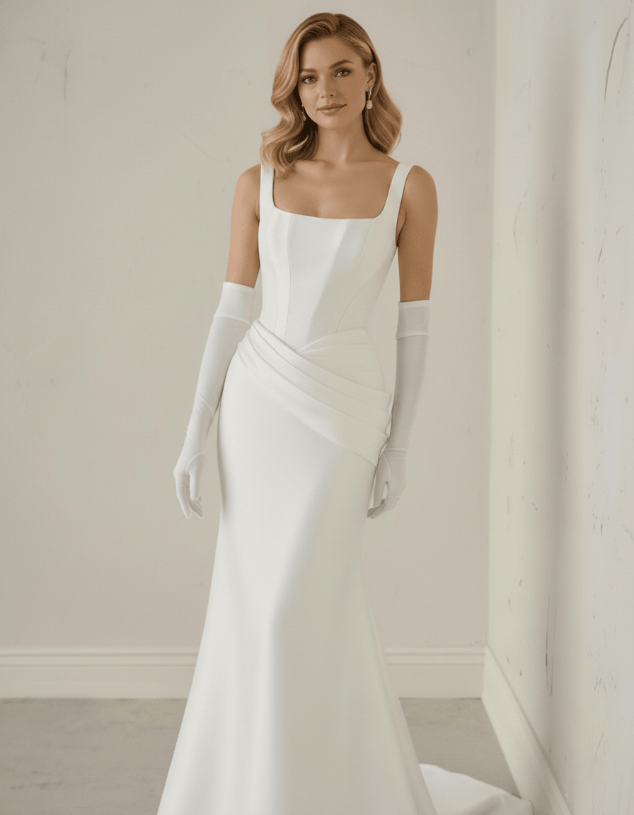 Minimalist Square - Neck Wedding Dress – Sculpted Crepe Satin, Draped Hip Detail & Elegant Fit - and - Flare Silhouette - Wedding Dress - SilqueBridal