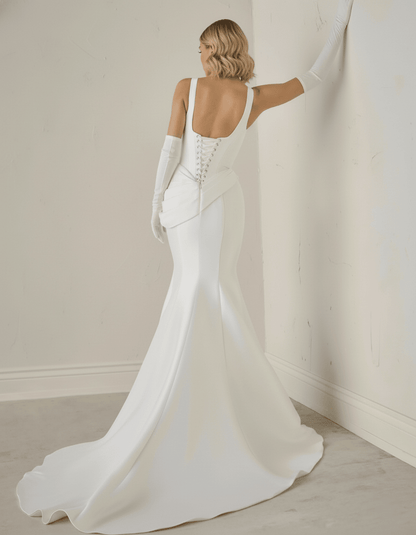 Minimalist Square - Neck Wedding Dress – Sculpted Crepe Satin, Draped Hip Detail & Elegant Fit - and - Flare Silhouette - Wedding Dress - SilqueBridal