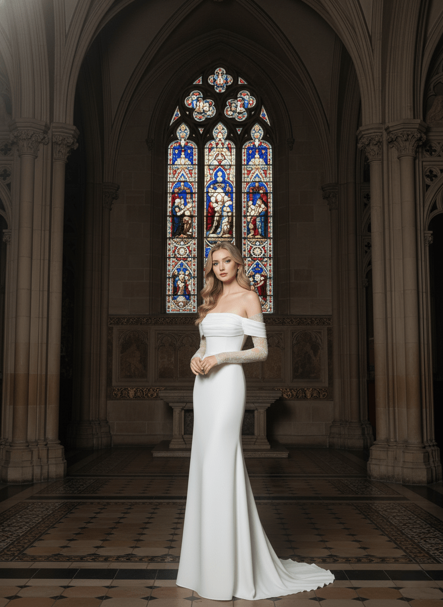 Modest Off Shoulder Wedding Dress Long Sleeve Minimalist Column Bridal Gown - Wedding Dress - SilqueBridal