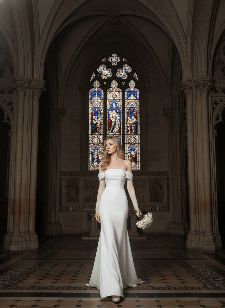 Modest Off Shoulder Wedding Dress Long Sleeve Minimalist Column Bridal Gown - Wedding Dress - SilqueBridal