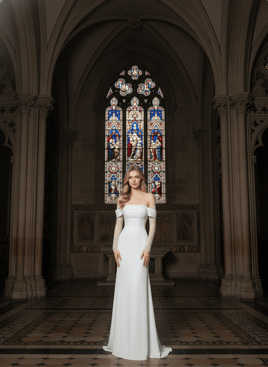 Modest Off Shoulder Wedding Dress Long Sleeve Minimalist Column Bridal Gown - Wedding Dress - SilqueBridal