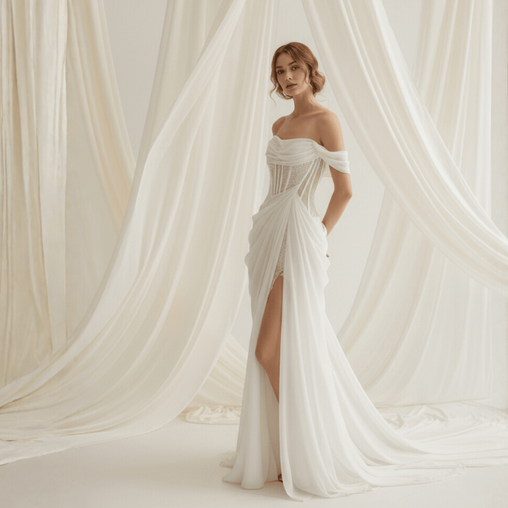 Off - Shoulder Draped Corset Wedding Dress – Modern Romantic Grace | Silque Bridal - Wedding Dress - SilqueBridal