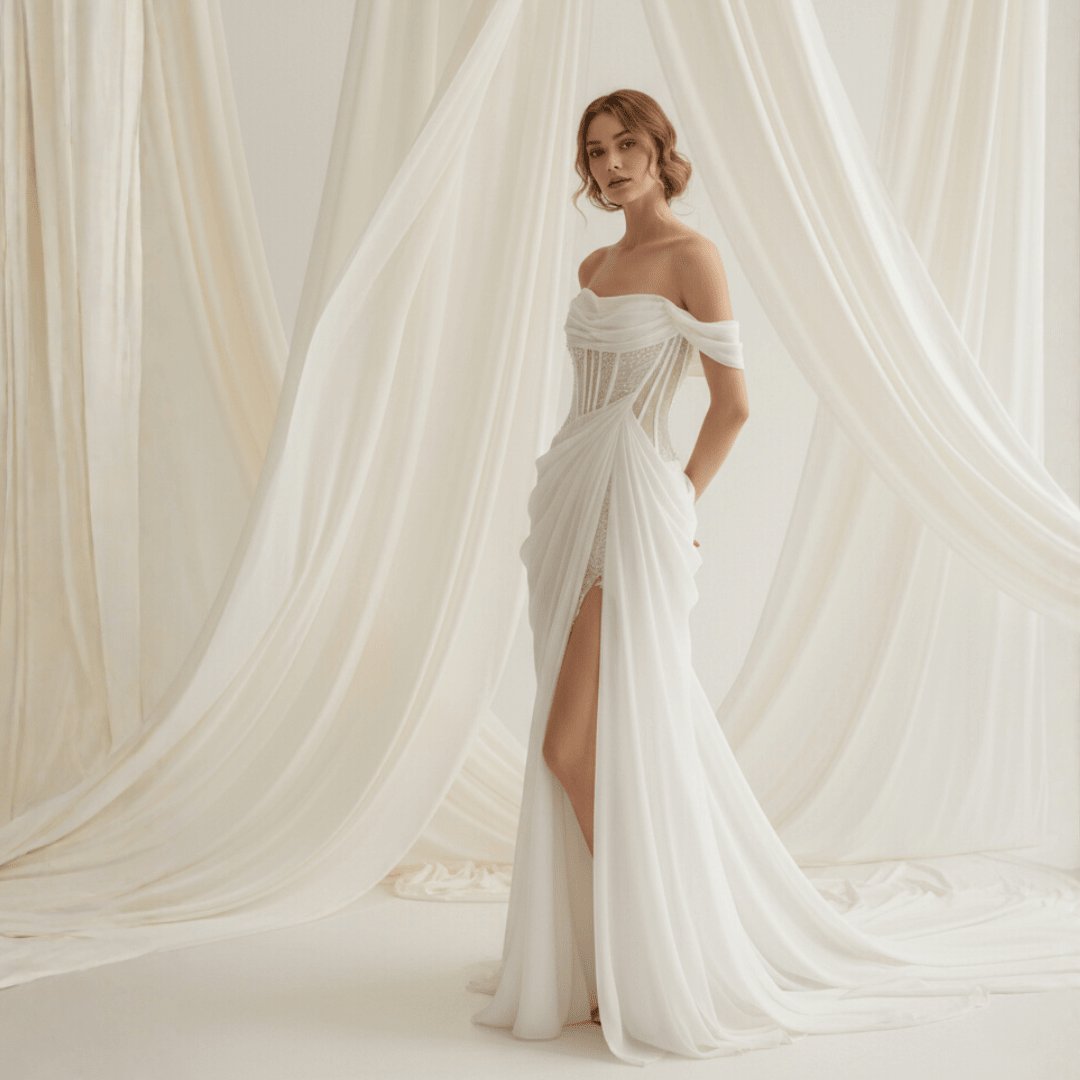 Off - Shoulder Draped Corset Wedding Dress – Modern Romantic Grace | Silque Bridal - Wedding Dress - SilqueBridal