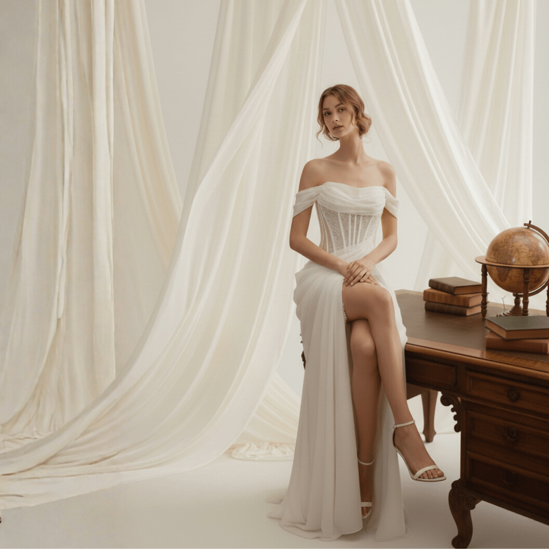 Off - Shoulder Draped Corset Wedding Dress – Modern Romantic Grace | Silque Bridal - Wedding Dress - SilqueBridal