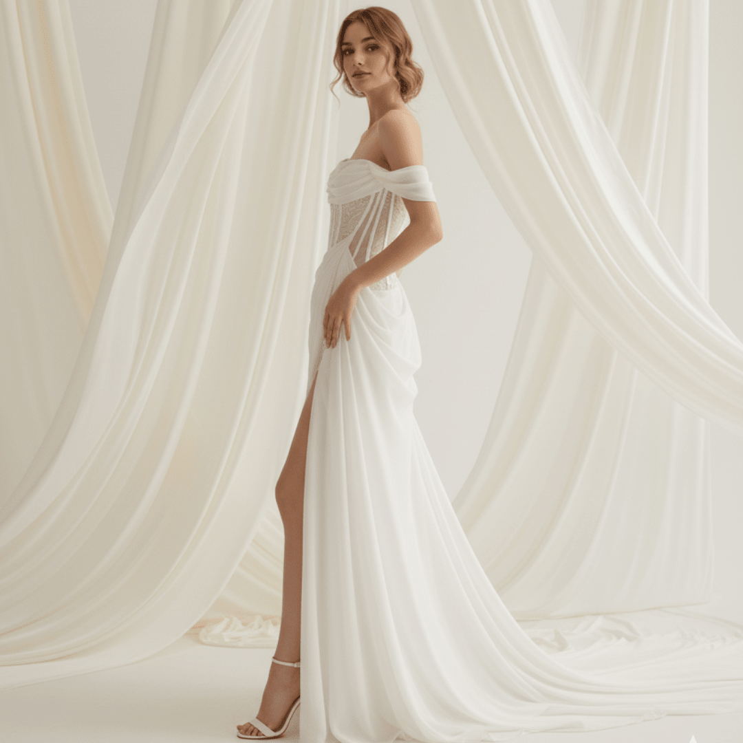 Off - Shoulder Draped Corset Wedding Dress – Modern Romantic Grace | Silque Bridal - Wedding Dress - SilqueBridal
