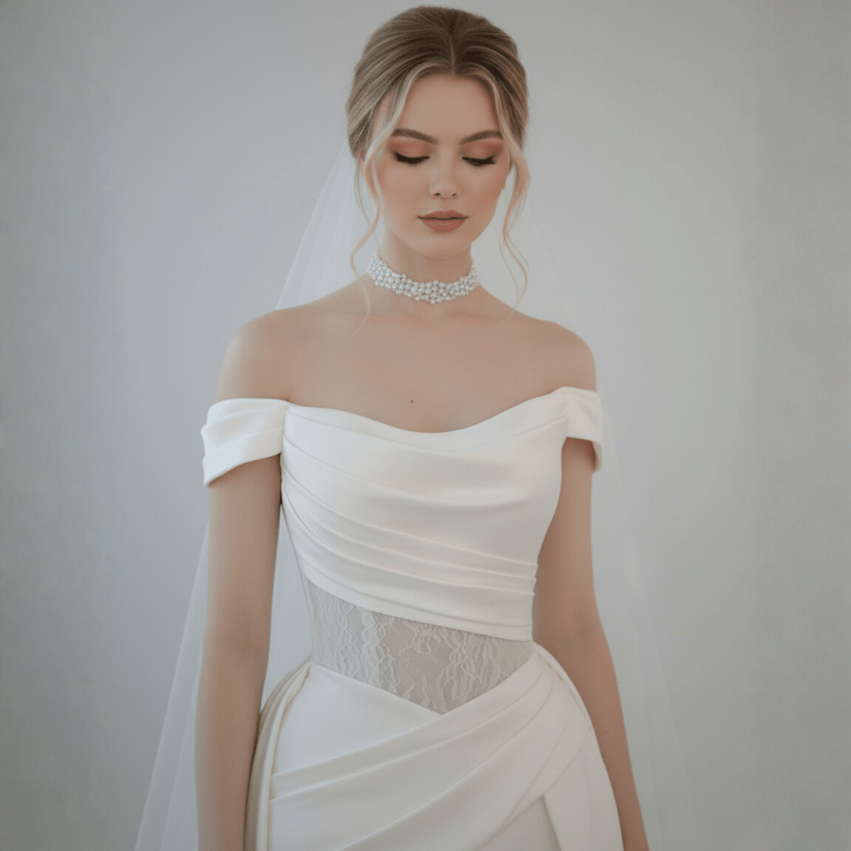 Off - Shoulder Draped Fit and Flare Wedding Dress with Detachable Train | Silque Bridal - Wedding Dress - SilqueBridal