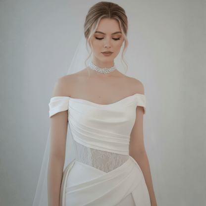 Off - Shoulder Draped Fit and Flare Wedding Dress with Detachable Train | Silque Bridal - Wedding Dress - SilqueBridal