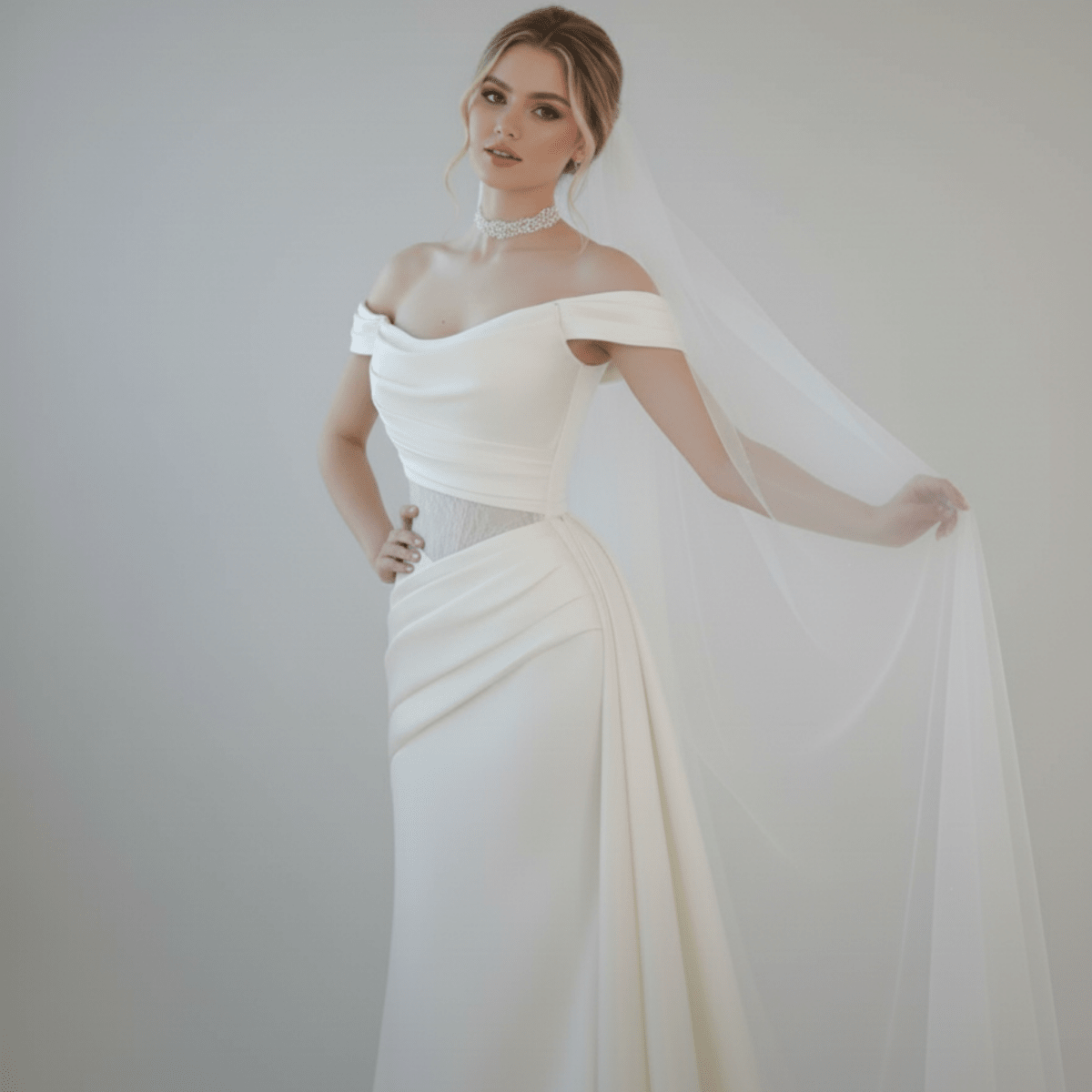 Off - Shoulder Draped Fit and Flare Wedding Dress with Detachable Train | Silque Bridal - Wedding Dress - SilqueBridal