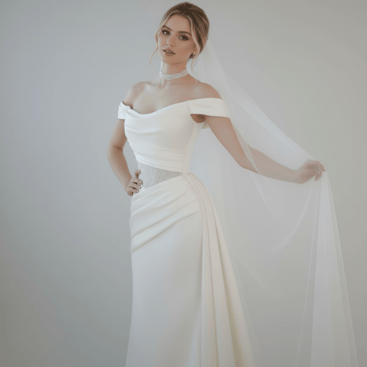 Off - Shoulder Draped Fit and Flare Wedding Dress with Detachable Train | Silque Bridal - Wedding Dress - SilqueBridal