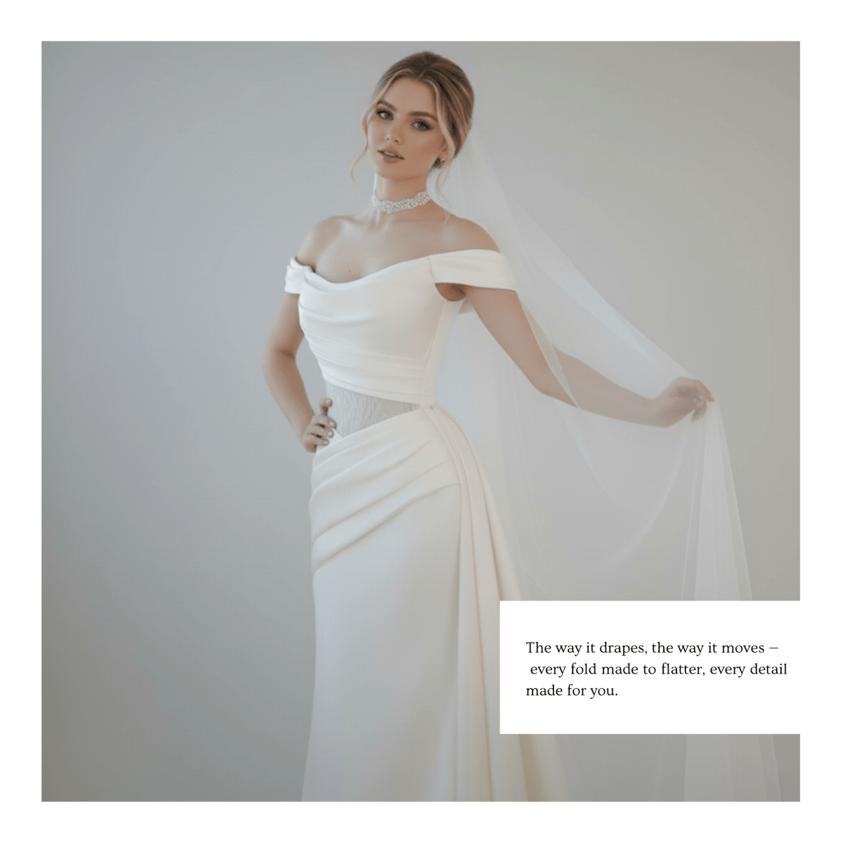 Off - Shoulder Draped Fit and Flare Wedding Dress with Detachable Train | Silque Bridal - Wedding Dress - SilqueBridal