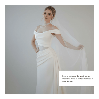 Off - Shoulder Draped Fit and Flare Wedding Dress with Detachable Train | Silque Bridal - Wedding Dress - SilqueBridal