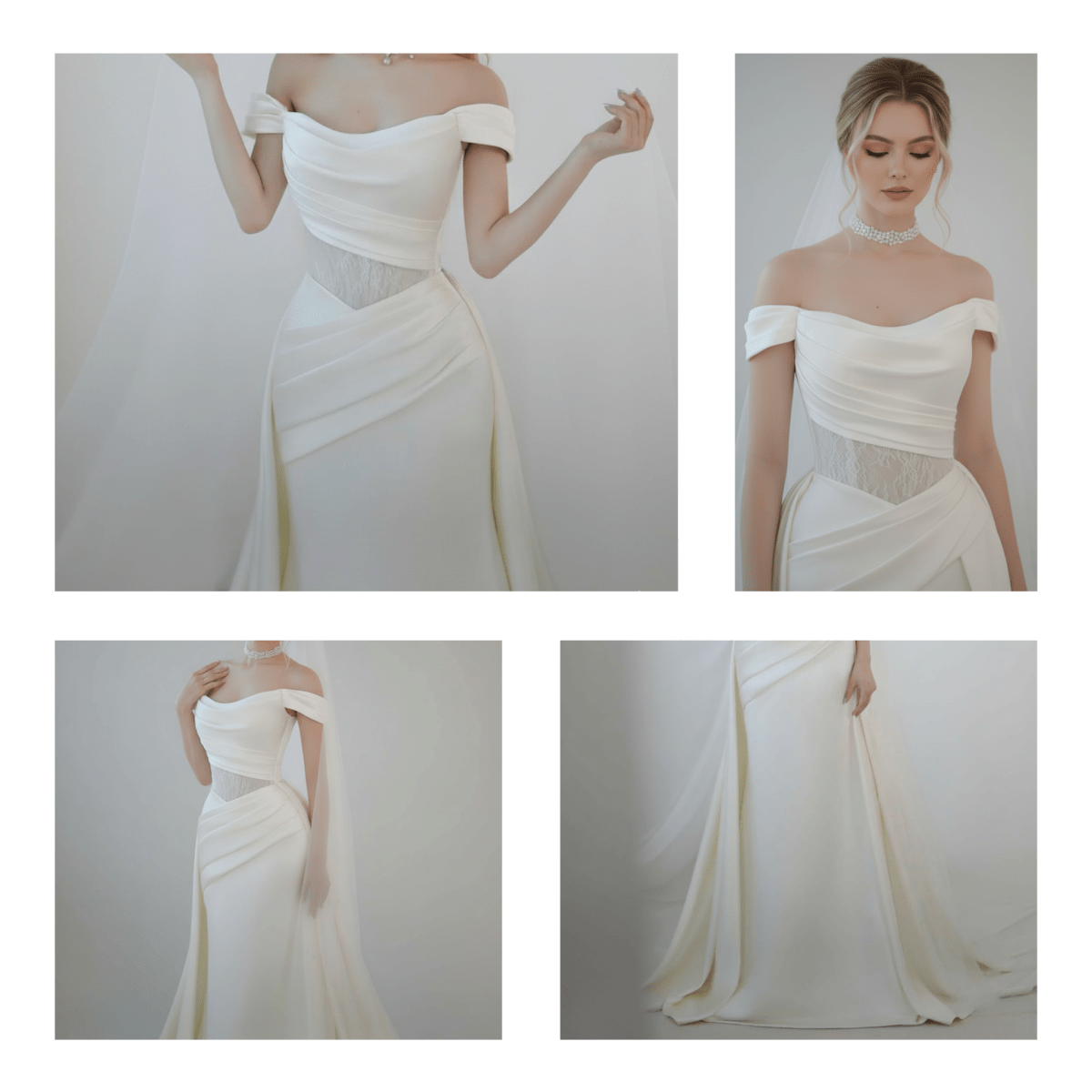 Off - Shoulder Draped Fit and Flare Wedding Dress with Detachable Train | Silque Bridal - Wedding Dress - SilqueBridal