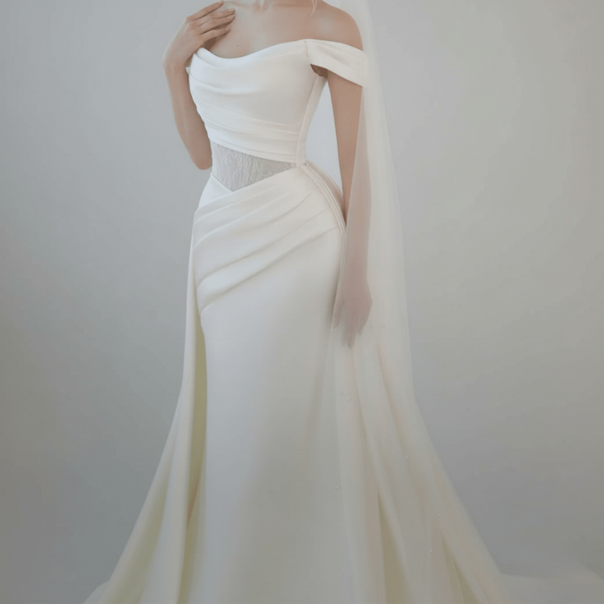 Off - Shoulder Draped Fit and Flare Wedding Dress with Detachable Train | Silque Bridal - Wedding Dress - SilqueBridal