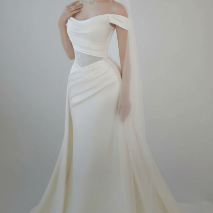 Off - Shoulder Draped Fit and Flare Wedding Dress with Detachable Train | Silque Bridal - Wedding Dress - SilqueBridal