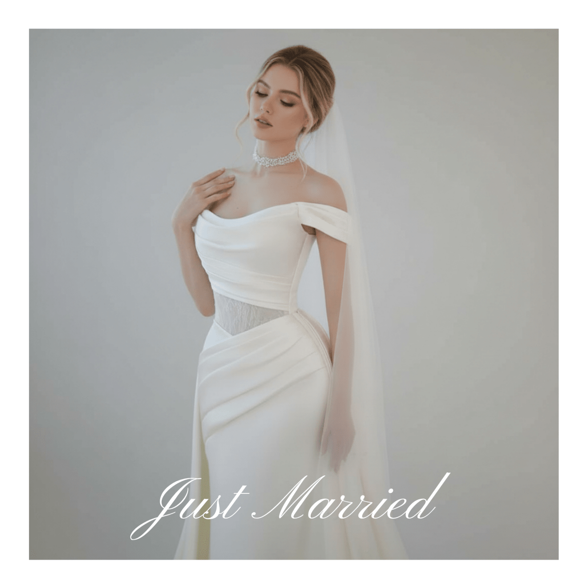 Off - Shoulder Draped Fit and Flare Wedding Dress with Detachable Train | Silque Bridal - Wedding Dress - SilqueBridal