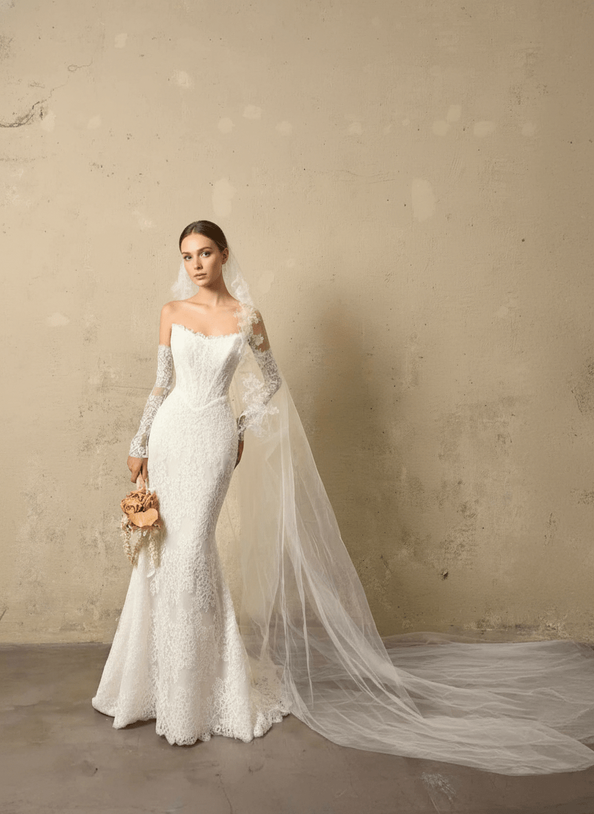 Off-Shoulder Lace Mermaid Wedding Dress Floral Chantilly Lace, Illusion Sleeves & Elegant Fit Silhouette - Custom Size Off-Shoulder Lace Mermaid Wedding Dress Floral Chantilly Lace, Illusion Sleeves & Elegant Fit Silhouette - Custom Size