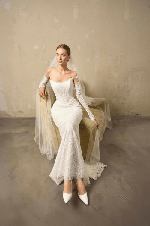 Off-Shoulder Lace Mermaid Wedding Dress Floral Chantilly Lace, Illusion Sleeves & Elegant Fit Silhouette - Custom Size Off-Shoulder Lace Mermaid Wedding Dress Floral Chantilly Lace, Illusion Sleeves & Elegant Fit Silhouette - Custom Size