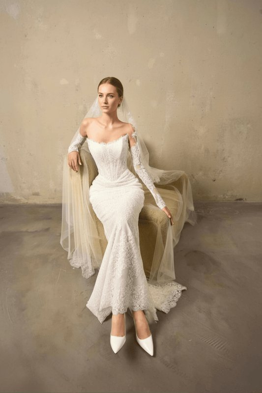 Off - Shoulder Lace Mermaid Wedding Dress – Floral Chantilly Lace, Illusion Sleeves & Elegant Fit Silhouette - Wedding Dress - SilqueBridal