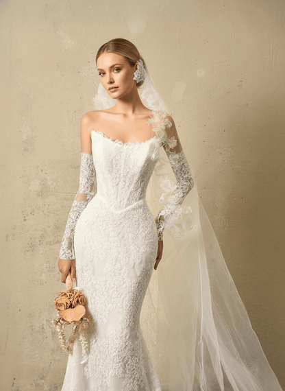 Off - Shoulder Lace Mermaid Wedding Dress – Floral Chantilly Lace, Illusion Sleeves & Elegant Fit Silhouette - Wedding Dress - SilqueBridal
