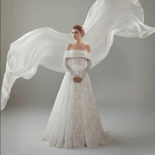 Off Shoulder Lace Wedding Dress with Long Sleeves – Romantic Corset Bridal Gown | Silque Bridal - Wedding Dress - SilqueBridal