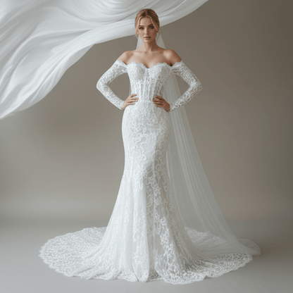 Off - Shoulder Long Sleeve Lace Wedding Dress – Timeless Romantic Elegance | Silque Bridal - Wedding Dress - SilqueBridal