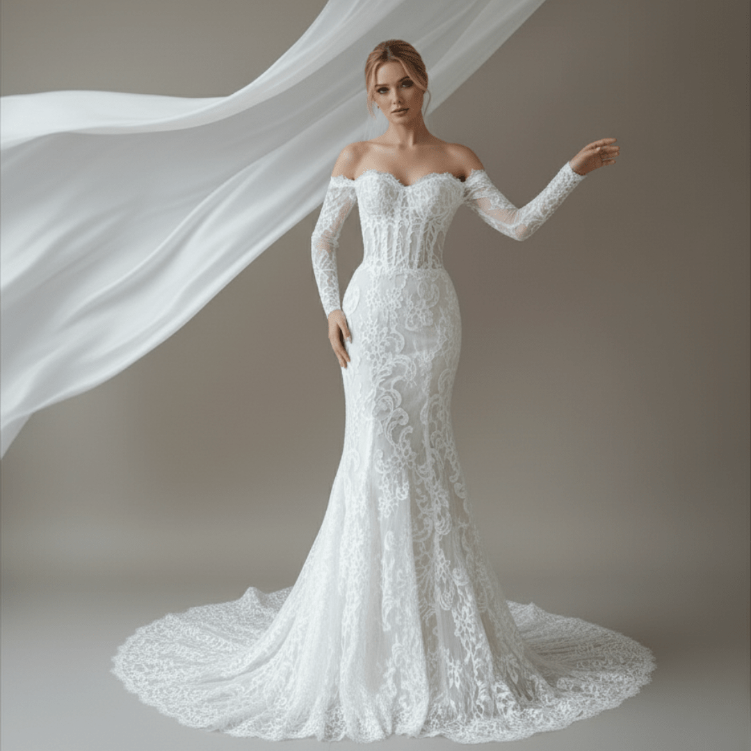 Off - Shoulder Long Sleeve Lace Wedding Dress – Timeless Romantic Elegance | Silque Bridal - Wedding Dress - SilqueBridal