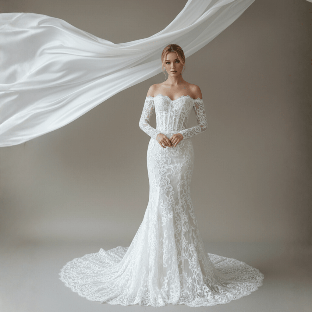 Off - Shoulder Long Sleeve Lace Wedding Dress – Timeless Romantic Elegance | Silque Bridal - Wedding Dress - SilqueBridal