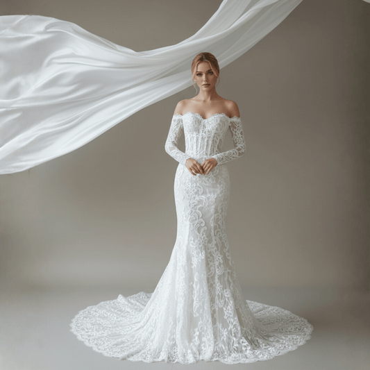 Off - Shoulder Long Sleeve Lace Wedding Dress – Timeless Romantic Elegance | Silque Bridal - Wedding Dress - SilqueBridal