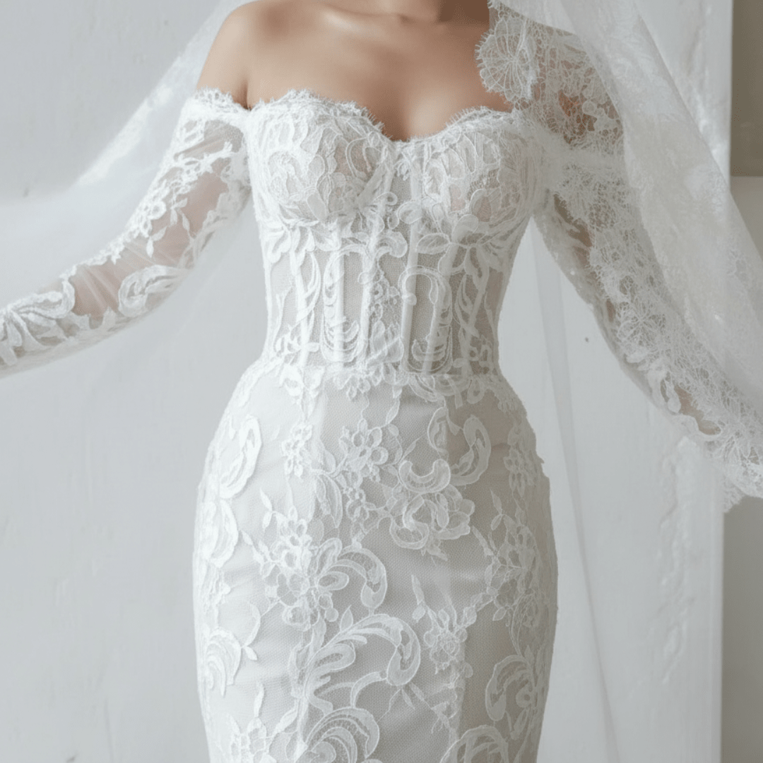 Off - Shoulder Long Sleeve Lace Wedding Dress – Timeless Romantic Elegance | Silque Bridal - Wedding Dress - SilqueBridal