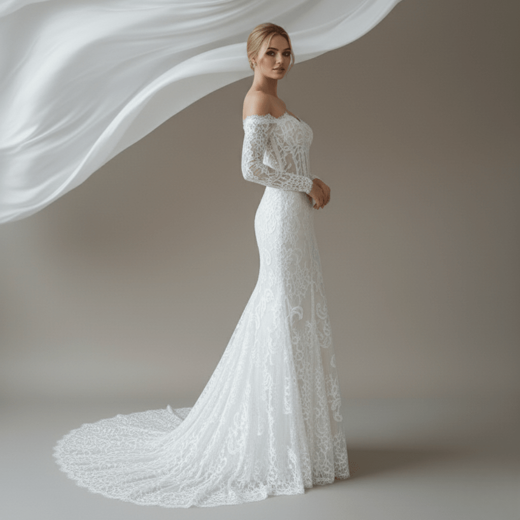 Off - Shoulder Long Sleeve Lace Wedding Dress – Timeless Romantic Elegance | Silque Bridal - Wedding Dress - SilqueBridal