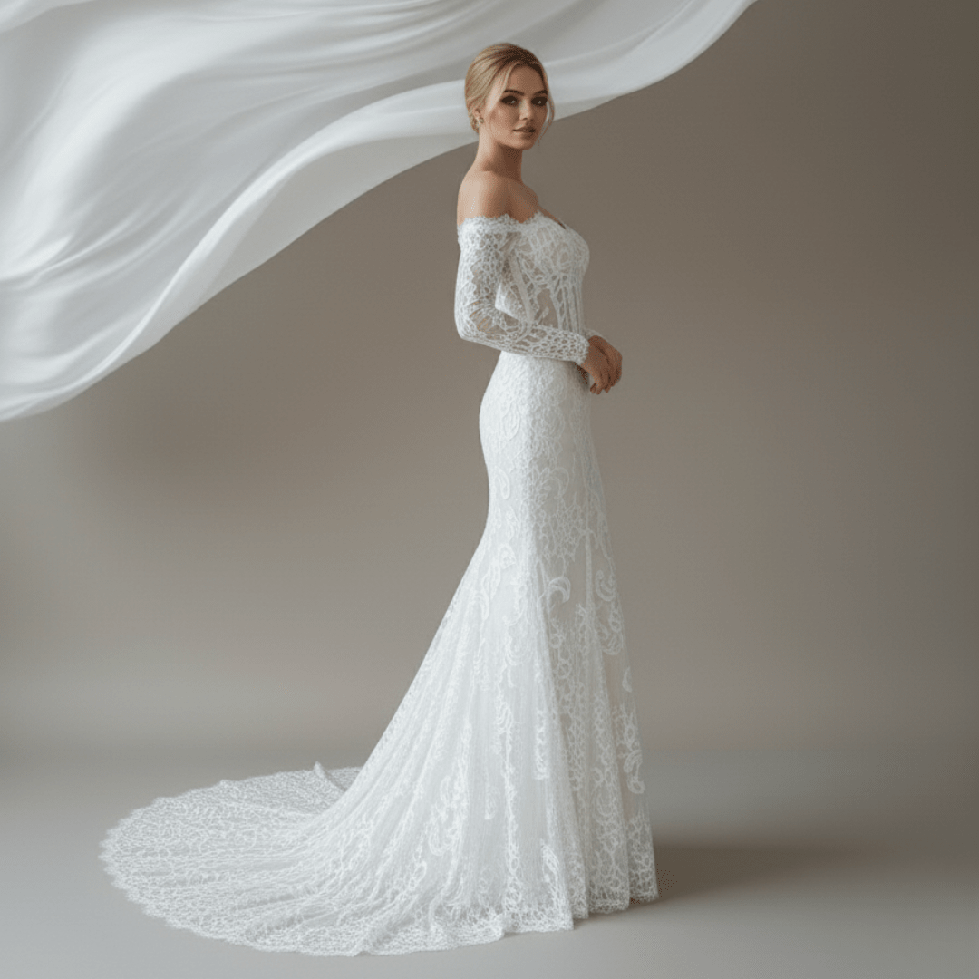 Off - Shoulder Long Sleeve Lace Wedding Dress – Timeless Romantic Elegance | Silque Bridal - Wedding Dress - SilqueBridal