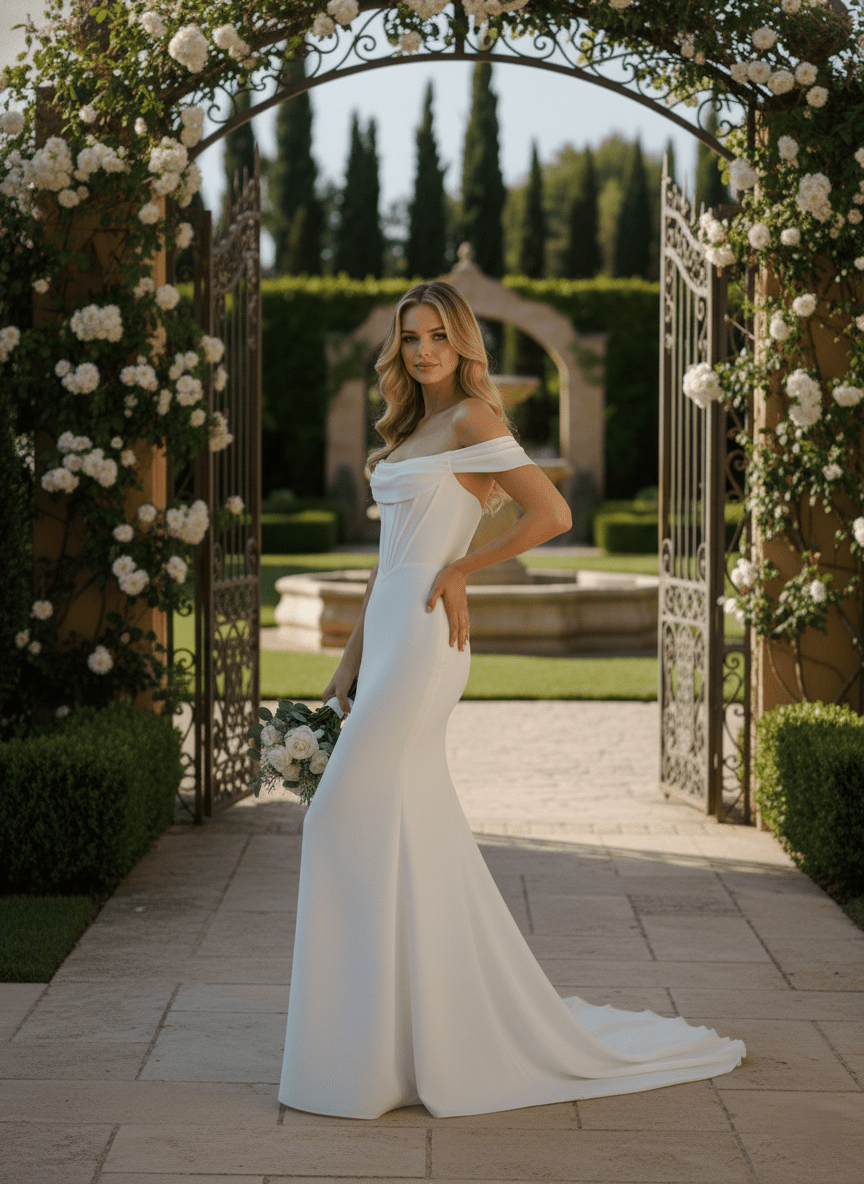 Off Shoulder Mermaid Wedding Dress Minimalist Elegant Bridal Gown Romantic - Wedding Dress - SilqueBridal