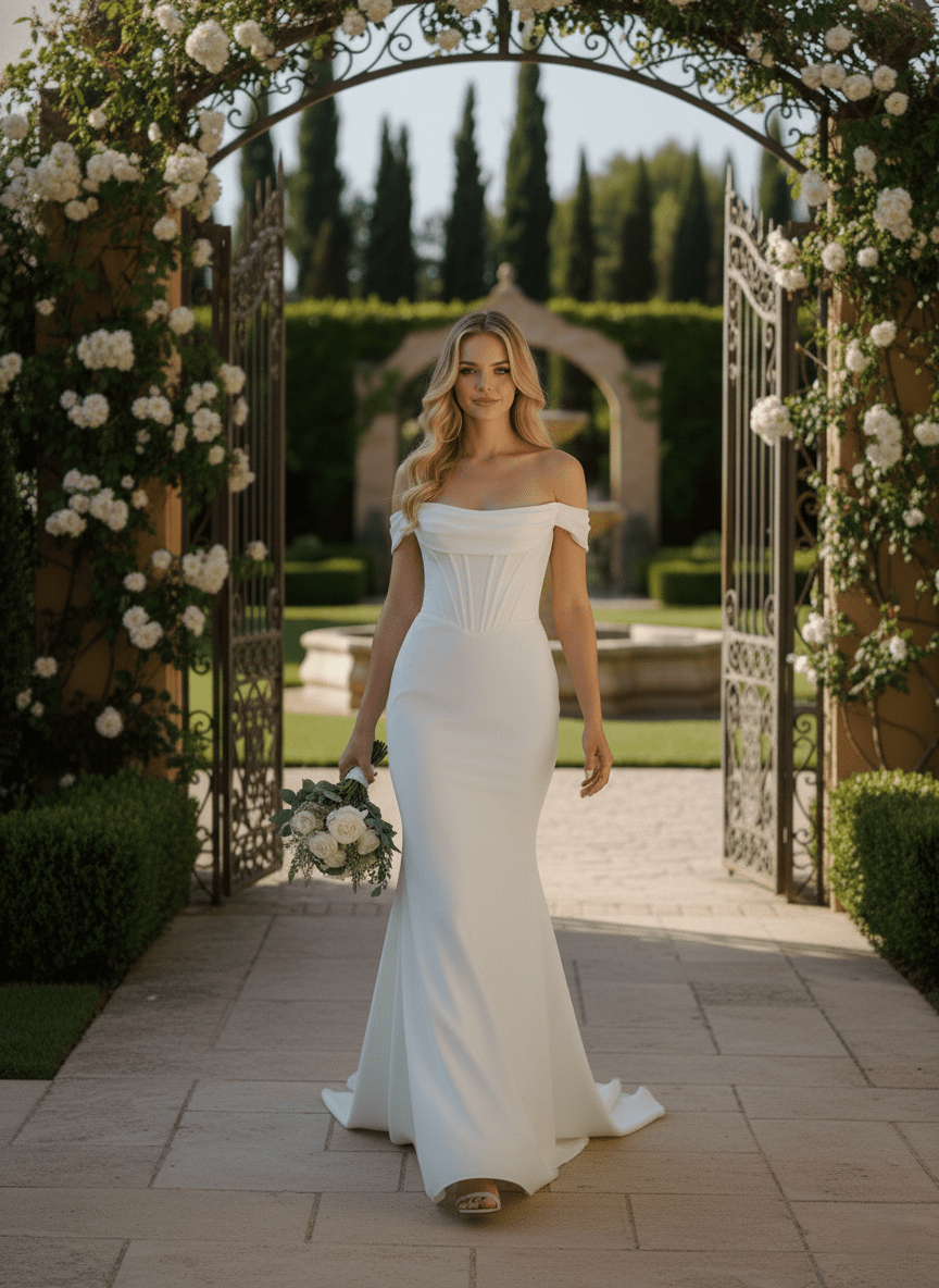 Off Shoulder Mermaid Wedding Dress Minimalist Elegant Bridal Gown Romantic - Wedding Dress - SilqueBridal
