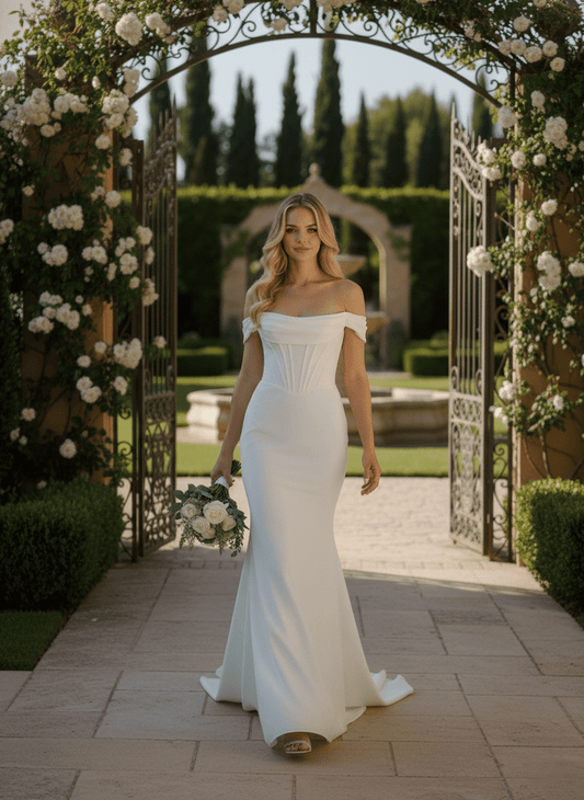 Off Shoulder Mermaid Wedding Dress Minimalist Elegant Bridal Gown Romantic - Wedding Dress - SilqueBridal