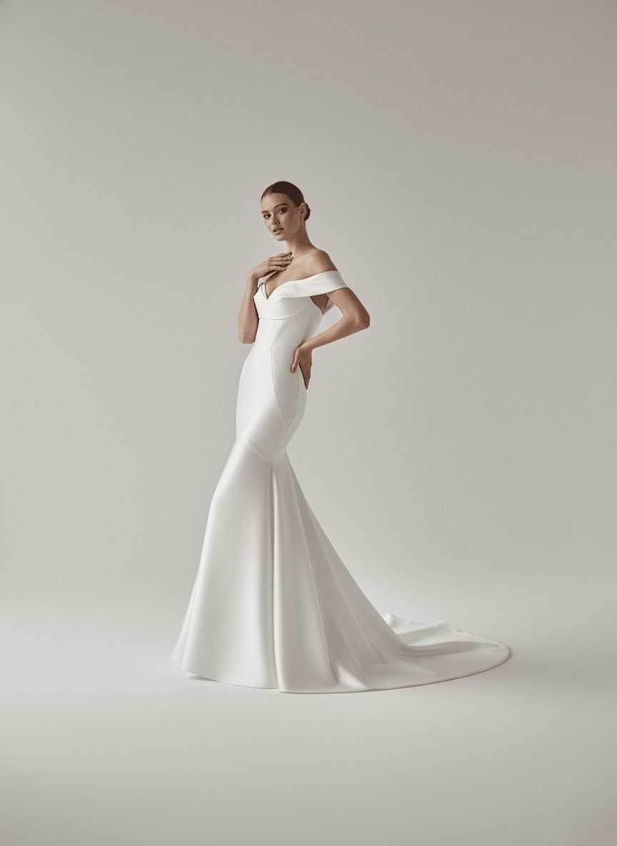 Off Shoulder Mermaid Wedding Dress Satin Sweetheart Fitted Bridal Gown Elegant Train - Wedding Dress - SilqueBridal