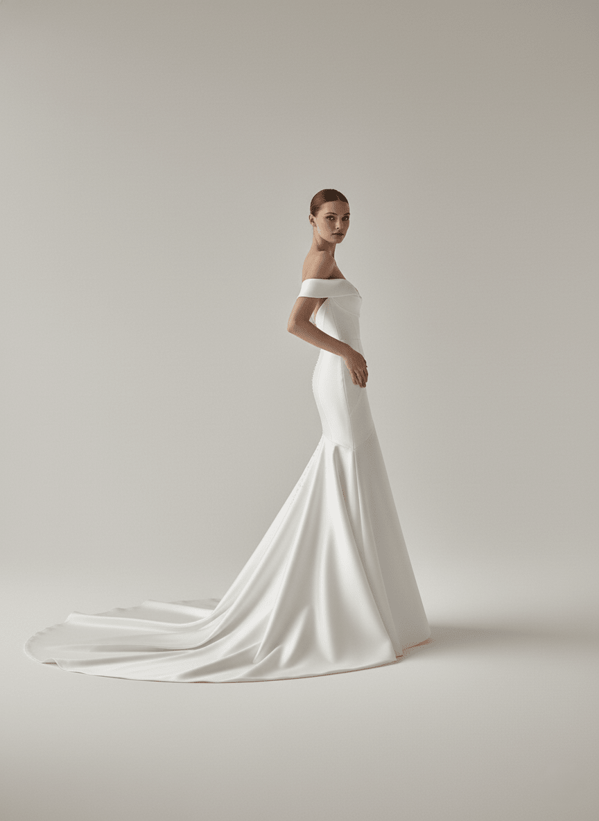 Off Shoulder Mermaid Wedding Dress Satin Sweetheart Fitted Bridal Gown Elegant Train - Wedding Dress - SilqueBridal