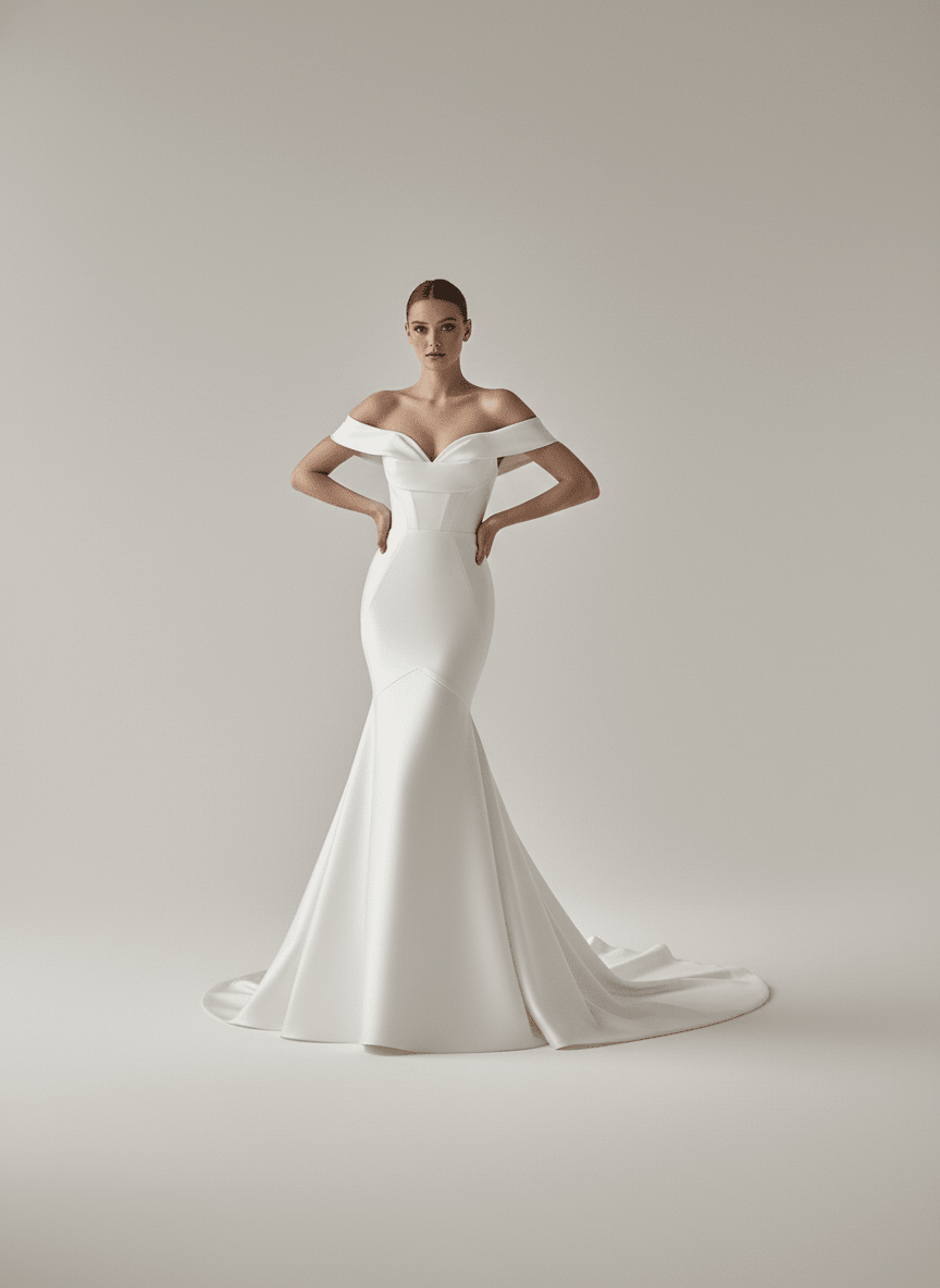 Off Shoulder Mermaid Wedding Dress Satin Sweetheart Fitted Bridal Gown Elegant Train - Wedding Dress - SilqueBridal