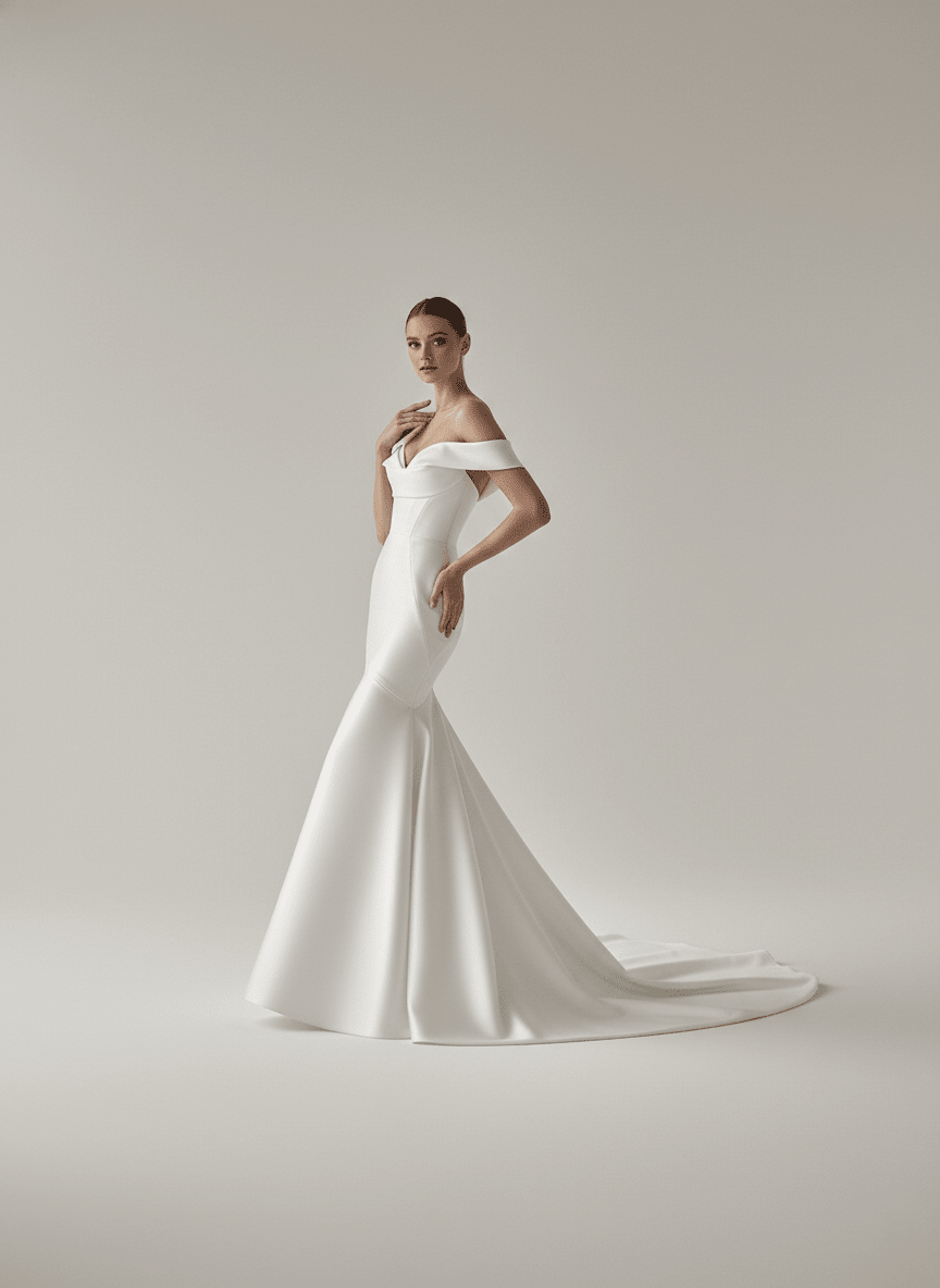 Off Shoulder Mermaid Wedding Dress Satin Sweetheart Fitted Bridal Gown Elegant Train - Wedding Dress - SilqueBridal