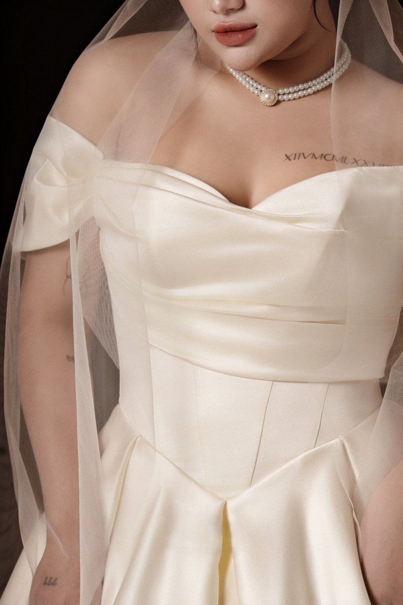 off shoulder satin gown plus size wedding dress Off Shoulder Satin A-Line Wedding Dress Elegant Bridal Gown Plus Size Friendly